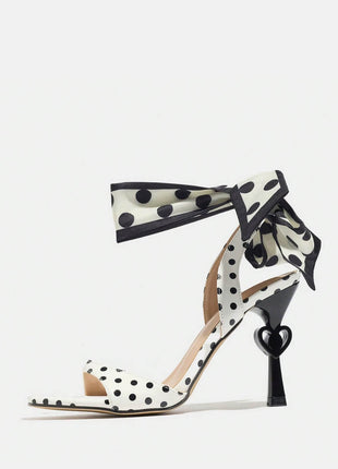 Polka Dot Lace Up Open Square Toe Stiletto Heart Heels