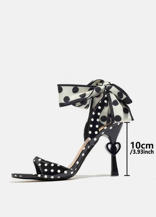 Polka Dot Lace Up Open Square Toe Stiletto Heart Heels