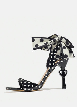 Polka Dot Lace Up Open Square Toe Stiletto Heart Heels