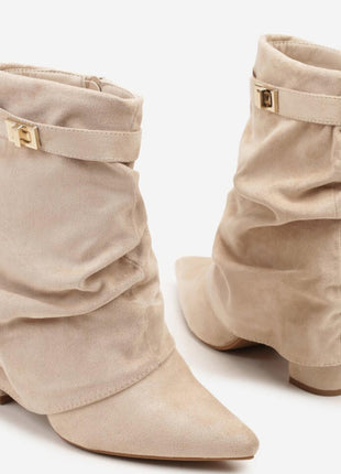 Faux Suede Slouchy Fold Over Metal Lock Detail Pointed Toe Ankle Boots
