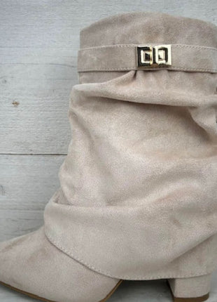 Faux Suede Slouchy Fold Over Metal Lock Detail Pointed Toe Ankle Boots
