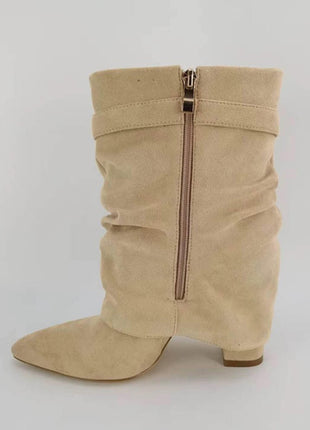 Faux Suede Slouchy Fold Over Metal Lock Detail Pointed Toe Ankle Boots