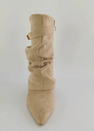 Faux Suede Slouchy Fold Over Metal Lock Detail Pointed Toe Ankle Boots