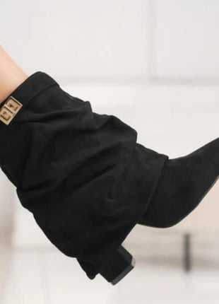 Faux Suede Slouchy Fold Over Metal Lock Detail Pointed Toe Ankle Boots