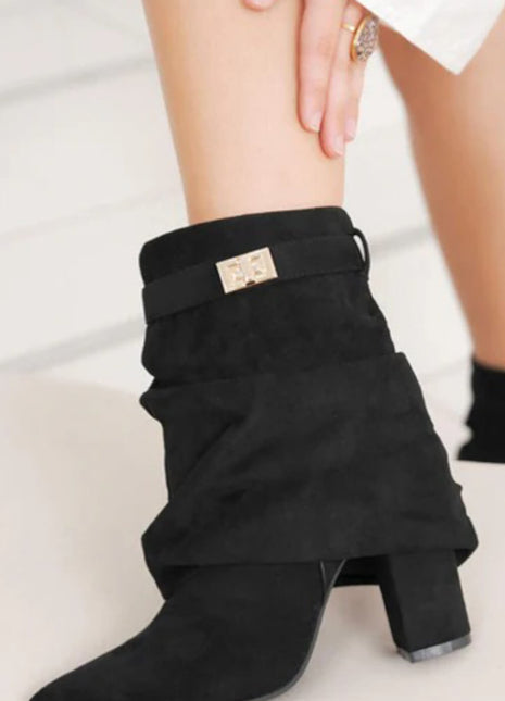 Faux Suede Slouchy Fold Over Metal Lock Detail Pointed Toe Ankle Boots