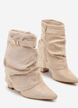 Faux Suede Slouchy Fold Over Metal Lock Detail Pointed Toe Ankle Boots