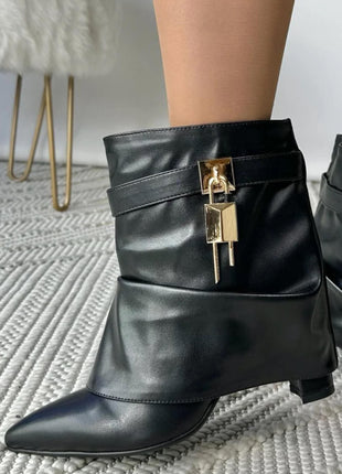 Faux Leather Slouchy Fold Over Metal Lock Detail Pointed Toe Ankle Boots
