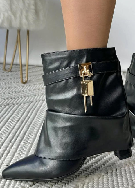 Faux Leather Slouchy Fold Over Metal Lock Detail Pointed Toe Ankle Boots