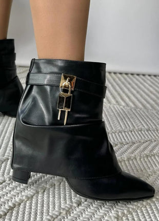 Faux Leather Slouchy Fold Over Metal Lock Detail Pointed Toe Ankle Boots