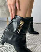 Faux Leather Slouchy Fold Over Metal Lock Detail Pointed Toe Ankle Boots