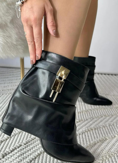 Faux Leather Slouchy Fold Over Metal Lock Detail Pointed Toe Ankle Boots