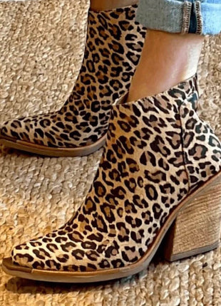 Leopard Print Pointed Toe Western Ankle Boots