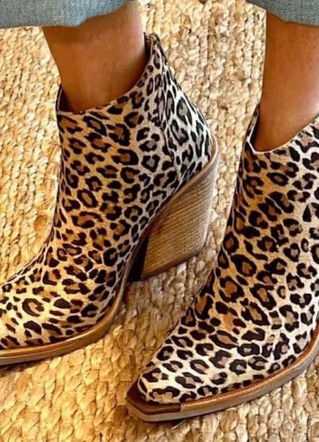 Leopard Print Pointed Toe Western Ankle Boots