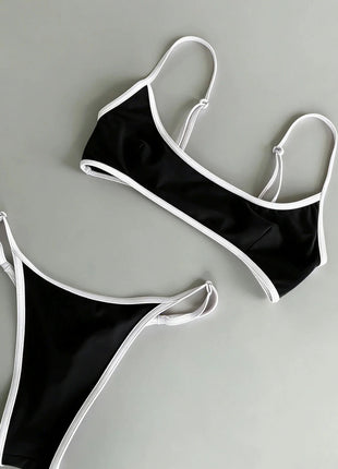 Contrast-Trim Scoop Bralette High Cut Brazilian Bikini Set