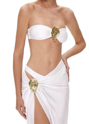Metal Oyster Decored Bandeau 3 Piece Bikini Set With High Slit Maxi Skirt