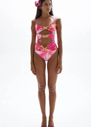 Orchid Flower Print Halterneck Cut Out One Piece Swimsuit With Butterfly Hardware Details