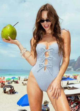 Blue And White Stripe Print Underwire Three Tie Front One-Piece Swimsuit