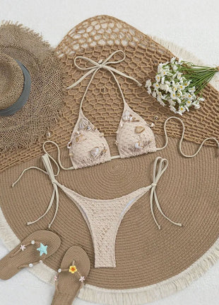 Fishnet Shells Halterneck Triangle Tie Side Brazilian Bikini Set