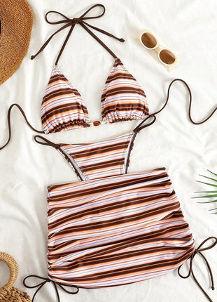 Multi Striped Print Triangle Halter Bikini Set And Drawstring Mini Skirt With Beaded Details