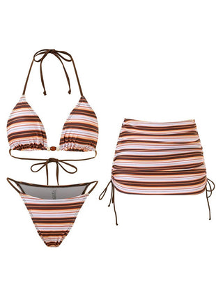 Multi Striped Print Triangle Halter Bikini Set And Drawstring Mini Skirt With Beaded Details