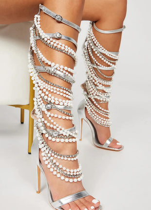 Pearl Strappy Open Square Toe Gladiator Heeled Sandals