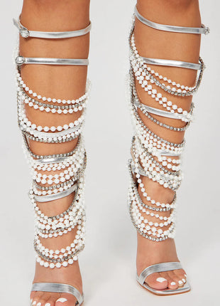 Pearl Strappy Open Square Toe Gladiator Heeled Sandals