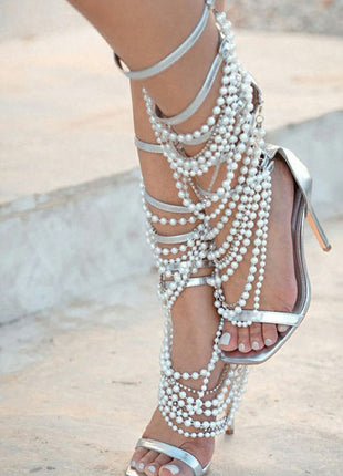 Pearl Strappy Open Square Toe Gladiator Heeled Sandals