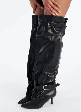 Buckle Slouchy Pointed Toe Thigh High Mid Stiletto Boots