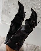Buckle Slouchy Pointed Toe Thigh High Mid Stiletto Boots