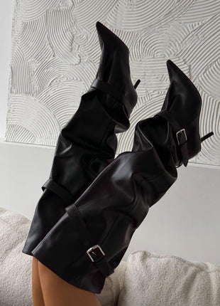 Buckle Slouchy Pointed Toe Thigh High Mid Stiletto Boots
