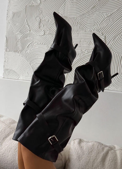 Buckle Slouchy Pointed Toe Thigh High Mid Stiletto Boots