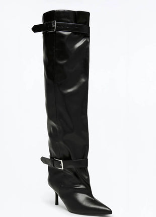 Buckle Slouchy Pointed Toe Thigh High Mid Stiletto Boots