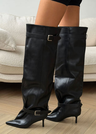 Buckle Slouchy Pointed Toe Thigh High Mid Stiletto Boots