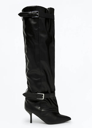 Buckle Slouchy Pointed Toe Thigh High Mid Stiletto Boots