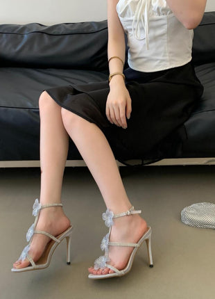 Crystal-Embellished Flower T-Strap Open Round Toe  Stiletto Sandals