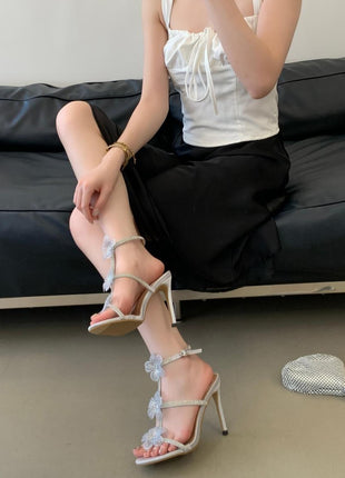 Crystal-Embellished Flower T-Strap Open Round Toe  Stiletto Sandals