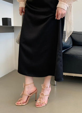 Crystal-Embellished Flower T-Strap Open Round Toe  Stiletto Sandals