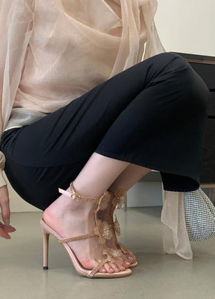 Crystal-Embellished Flower T-Strap Open Round Toe  Stiletto Sandals