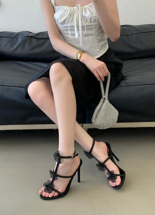 Crystal-Embellished Flower T-Strap Open Round Toe  Stiletto Sandals