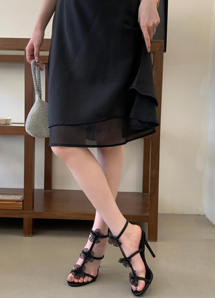 Crystal-Embellished Flower T-Strap Open Round Toe  Stiletto Sandals