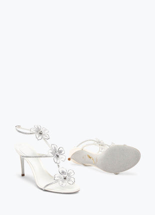 Crystal-Embellished Flower T-Strap Open Round Toe  Stiletto Sandals