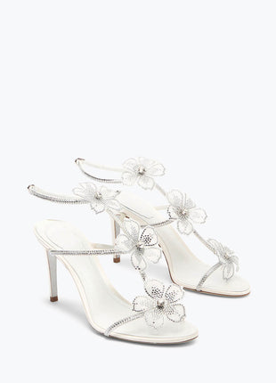 Crystal-Embellished Flower T-Strap Open Round Toe  Stiletto Sandals