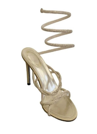 Crystal-Embellished Ankle Wrap Around Open Toe High Heel Sandals