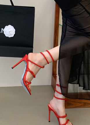 Crystal-Embellished Ankle Wrap Around Open Toe High Heel Sandals
