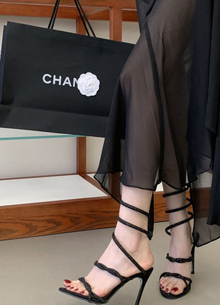 Crystal-Embellished Ankle Wrap Around Open Toe High Heel Sandals