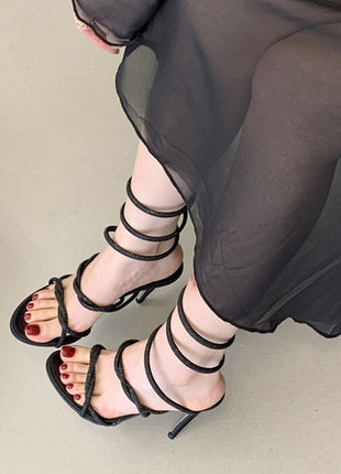 Crystal-Embellished Ankle Wrap Around Open Toe High Heel Sandals