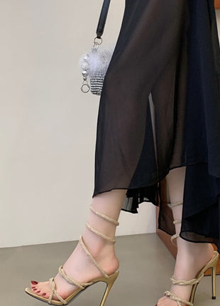 Crystal-Embellished Ankle Wrap Around Open Toe High Heel Sandals
