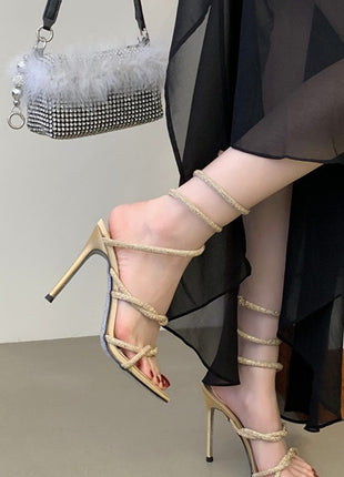 Crystal-Embellished Ankle Wrap Around Open Toe High Heel Sandals