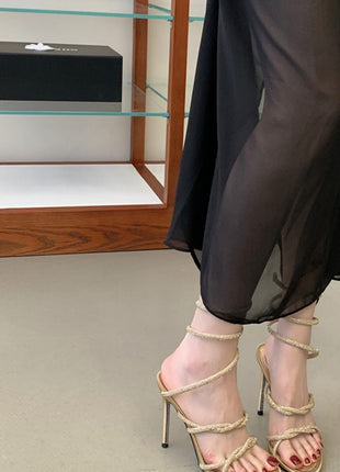 Crystal-Embellished Ankle Wrap Around Open Toe High Heel Sandals