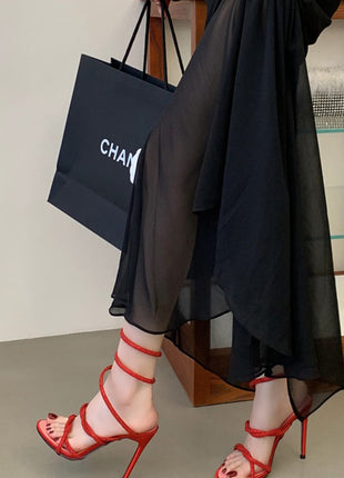 Crystal-Embellished Ankle Wrap Around Open Toe High Heel Sandals